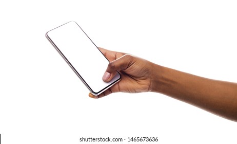 Afro Woman's Hand Holding Mobile Phone With Blank Screen Isolated On White. Panorama With Empty Space