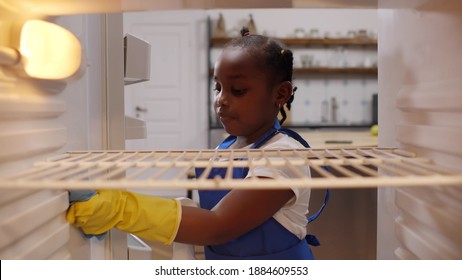 Afro-american Little Daughter Helping Parents To Clean Refrigerator. View From Inside Fridge Of Cute African Child In Apron And Rubber Gloves Wiping Shelves With Detergent Sprayer And Cloth