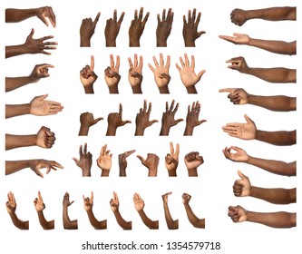 Afro-American man showing different gestures on white background, closeup view of hands