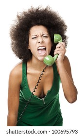 Afro-American Young Woman Answering A Call And Yelling At Phone, Isolated On White Background