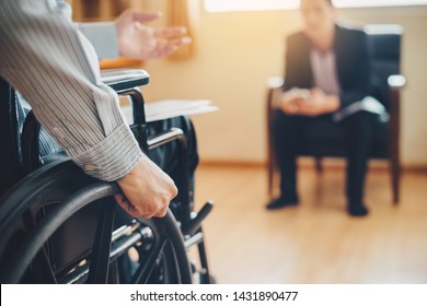 After Car Accident And Rehabilitation, A Businessman Can Return To Work Again.The Company Which Employing Disable People Will Receive Tax Deductions Benefits. Concept For Job Recruitment And Hiring.