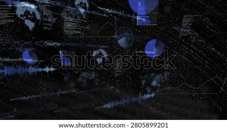 After data burst, pie charts and globe icons fading, sliding, drifting revealing network health. Holographic, neon, cyan, futuristic, dashboards, widgets, monitoring