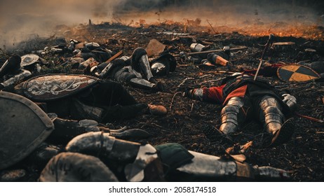 After Epic Battle Bodies of Dead, Massacred Medieval Knights Lying on Battlefield. Warrior Soldiers Fallen in Conflict, War, Conquest, Warfare, Colonization. Cinematic Dramatic Historical Reenactment - Shutterstock ID 2058174518