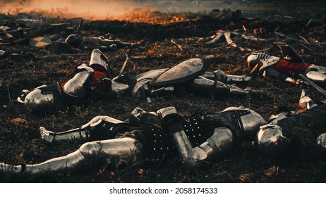 After Epic Battle Bodies of Dead, Massacred Medieval Knights Lying on Battlefield. Warrior Soldiers Fallen in Conflict, War, Conquest, Warfare, Colonization. Cinematic Dramatic Historical Reenactment