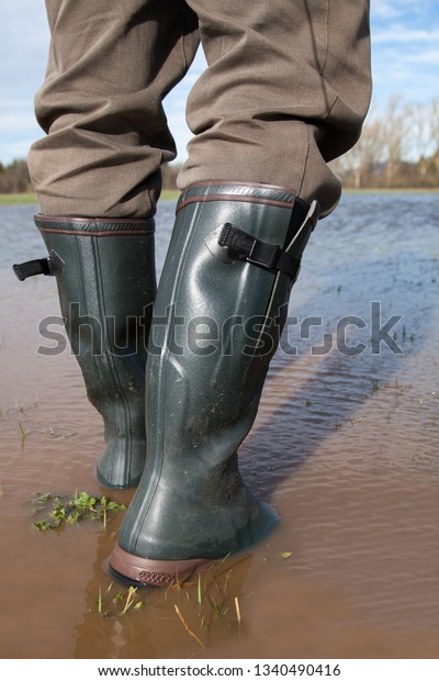 Heavy Rain Man Stands His Stock Photo 