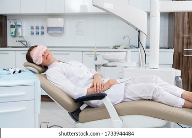 After Hours In The Dental Clinic. A Doctor Is Relaxing In Her Chair