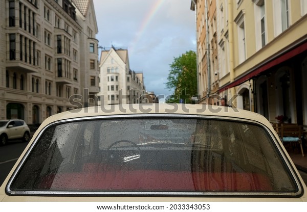 after rain.  rear window. back view. \
rainbow in the sky. Baskov lane. Saint\
Petersburg