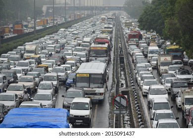 after rain traffic jam on Delhi - gurugram Expressway. Haryana, India. June 06, 2017.