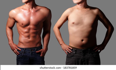 After Sexy muscular young man and before fat man body. Isolated on gray background. asian