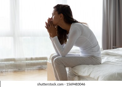 After Sleepless Night Sad Woman Got Up Sit On Bed Thinking, Lost In Sad Thoughts About Irreparable Mistake Decision About Abortion, Feeling Remorse, Break Up In Relations, Divorce And Jealousy Concept