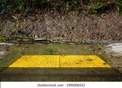 After The Storm, Floodwater And Storm Debris On A Sidewalk Disabled Curb Ramp On A Sunny Day
