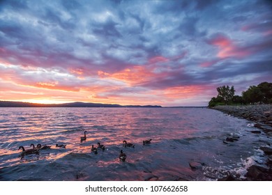 Afterglow Of A Sunset Along The Hudson River, Viewed From Dobbs Ferry In Westchester County, NY