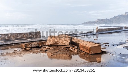 the aftermath of a powerful and devastating hurricane on a sea shore. sea coast embarkment after strong typhoon with ruins and distrustions
