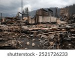 The aftermath of a wildfire in Jasper, showing a charred and devastated landscape, with burnt trees and scorched earth, highlighting the destructive impact of the fire on the natural environment.