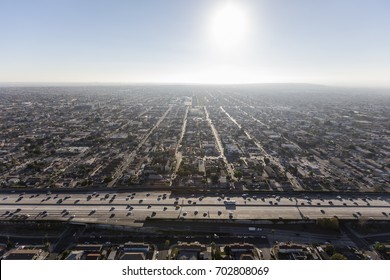 Afternoon Aerial Of South Central Los Angeles And The Harbor 110 Freeway.