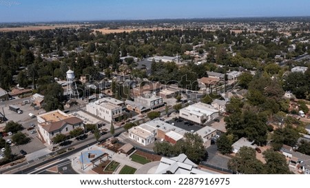 Afternoon aerial view of historic downtown Elk Grove, California, USA.