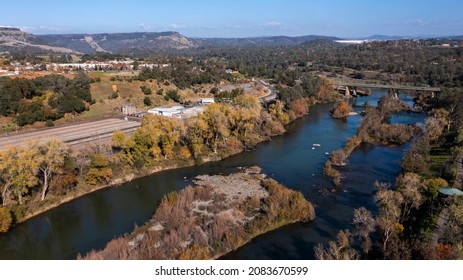 Afternoon Autumn Aerial View Of The Feather River As It Runs Through Oroville, California, USA.