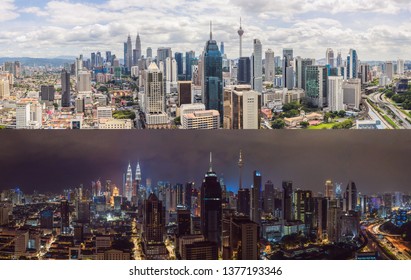Afternoon And Night. Four Time Of Day. Kuala Lumpur Skyline, View Of The City, Skyscrapers With A Beautiful Sky