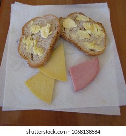 Afternoon Snack Time Of Buttered Bread, Cheese And Sliced Meat In Lezhë, Albania 