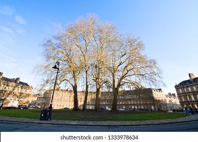 Afternoon view of The Circus, a historic street of large townhouses in the city of Bath, Somerset, England, forming a circle with three entrances with a tree-lined garden in the middle