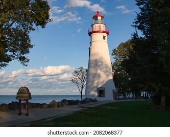 Afternoon view, at the Marblehead Lighthouse. Cloudy sunset background in Lake Erie, Ohio, US 