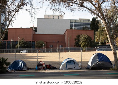 Afternoon View Of A Tent On A Sidewalk In Downtown Los Angeles, California, USA.