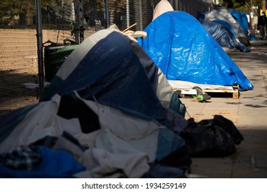 Afternoon View Of A Tent On A Sidewalk In Downtown Los Angeles, California, USA.