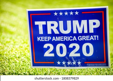 Afton, USA - August 30, 2020: Presidential Election Political Sign Placard In Support Of Donald J. Trump With Keep America Great 2020 Text In Rural Countryside Virginia Farm With Green Grass Lawn