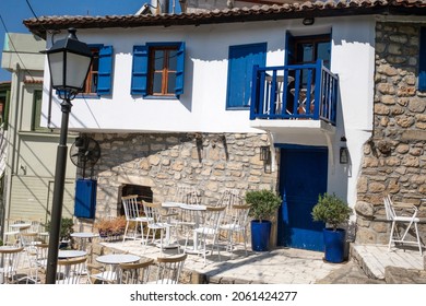 Afytos, Greece. Streets of old town. Small village on Kassandra peninsula, Chalkidiki, Greece