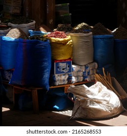 Agadir, Morocco - 05 24 2022 : Spices Bags Shot In A Shadow Game In Agadir Souk.