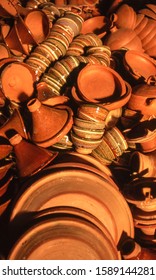 Agadir, Morocco. Earthen Wares For Sale In The Souk Including Tajine Bowls.