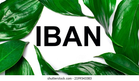 Against The Background Of Green Natural Leaves, A White Card With The Text IBAN International Bank Account Number