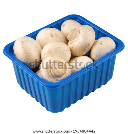 Agaricus bisporus (Chompignon ) mushrooms in a blue box isolated on a white background - 250 gramm. Whole white champignon mushrooms in plasic box. Close up.