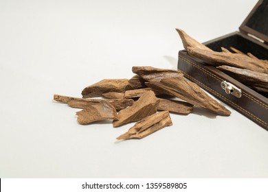 Agarwood, Incense Chips Around A Leather Box, It's Name In Arabic Oud Wood Used To Incense Cloths, Furniture And Places For Occasions 