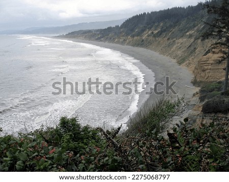 Agate Beach from steep cliff-side overlook in Sue-Meg State Park near Trinidad CA with surf and clouds in background