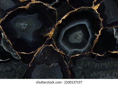 Agate Gemstone slices, marble texture in kintsugi style cracks and craquelure. Golden metallic swirls veins, slab crystalline texture of the natural stone for use as abstract background for design - Shutterstock ID 2100137197