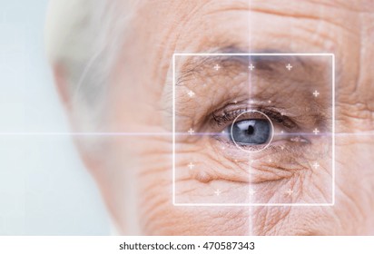 Age, Vision, Surgery, Eyesight And People Concept - Close Up Of Senior Woman Face And Eye With Laser Light