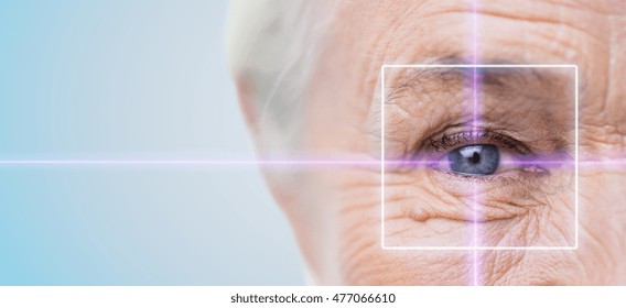 Age, Vision, Surgery, Eyesight And People Concept - Close Up Of Senior Woman Face And Eye With Laser Light