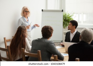 Aged attractive businesswoman giving presentation at corporate diverse group meeting, senior female business coach, woman boss or team leader presenting new strategic plan to multiracial employees