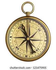 aged brass antique nautical pocket compass isolated on white