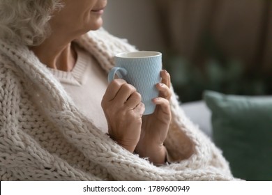 Aged calm woman resting wrapped in knitted plaid drink evening tea look into distance, close up. Old grey haired lady covered in warm cozy cardigan enjoy morning coffee spend lazy time at home concept
