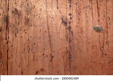 Aged Copper Plate Texture With Green Patina Stains. Old Worn Metal Background.