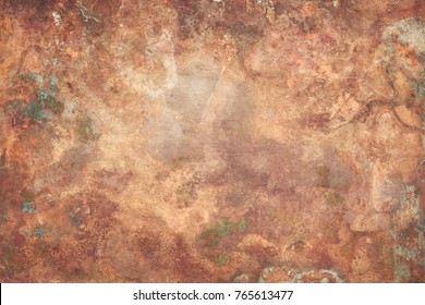 Aged Copper Plate Texture With Green Patina Stains. Old Worn Metal Background.