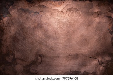 Aged copper plate texture, old worn metal background.