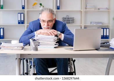 Ältere Mitarbeitende im Rollstuhl im Büro 