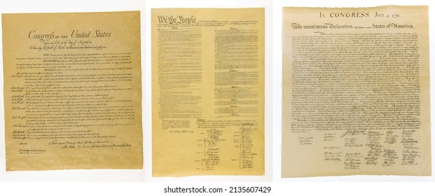 Aged historical documents Washington DC on American Declaration of independence 4th july 1776 on U.S. flag - Powered by Shutterstock