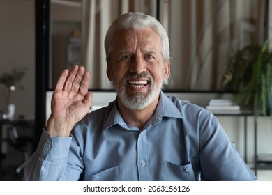 Aged Hoary Male College University Professor Start Video Lecture Wave Hand Greet Student Audience On Meeting Online In Conference App. Portrait Of Smiling Old Age Businessman Make Hi Gesture On Webcam