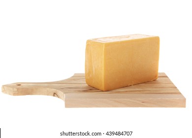 Aged Italian Deli Fresh Cheddar Cheese Served On Wooden Cutting Plate Isolated Over White Background