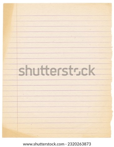 Aged lined sheet of copybook. Empty vintage lined sheet of paper with red vertical margin. Geometric background with horizontal lines for your design .