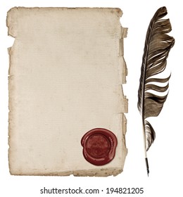 aged paper sheet with wax seal and ink feather pen isolated on white background